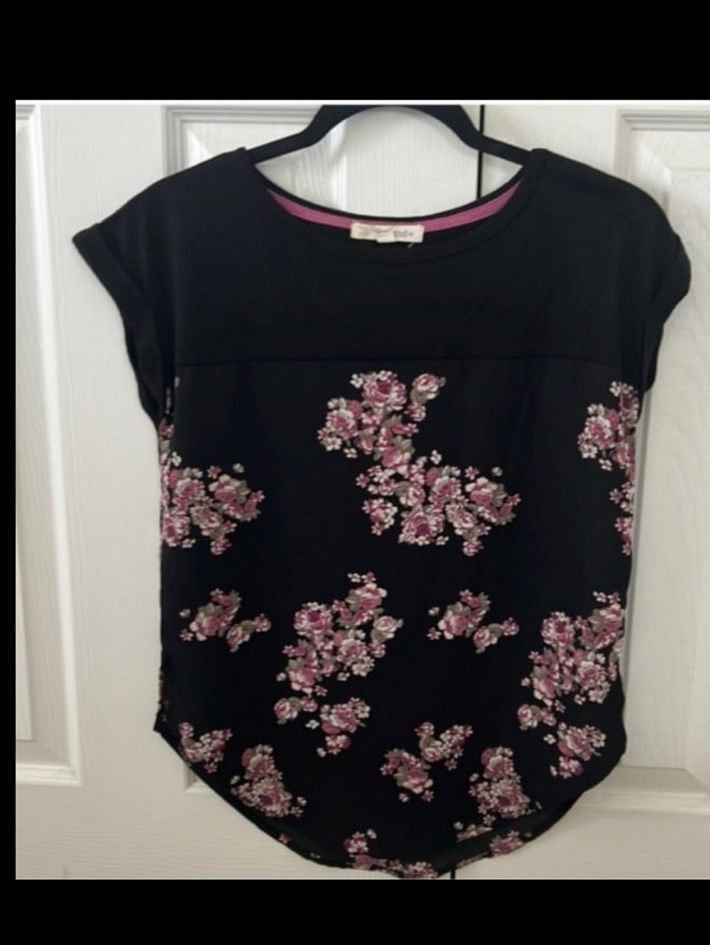 Rewind Black Cap-Sleeve Top with Pink Floral Clusters